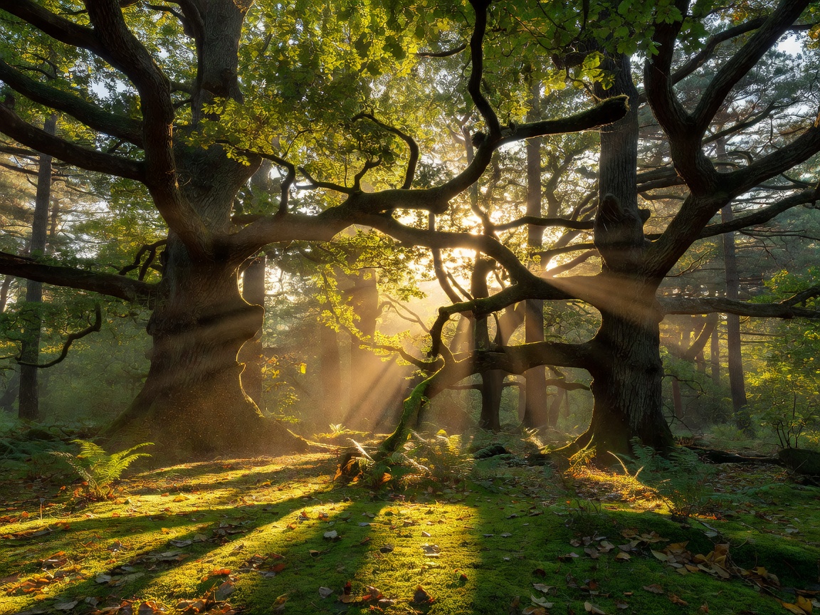 Beautiful sunburst leaking through ancient forest trees, high resolution organic feel