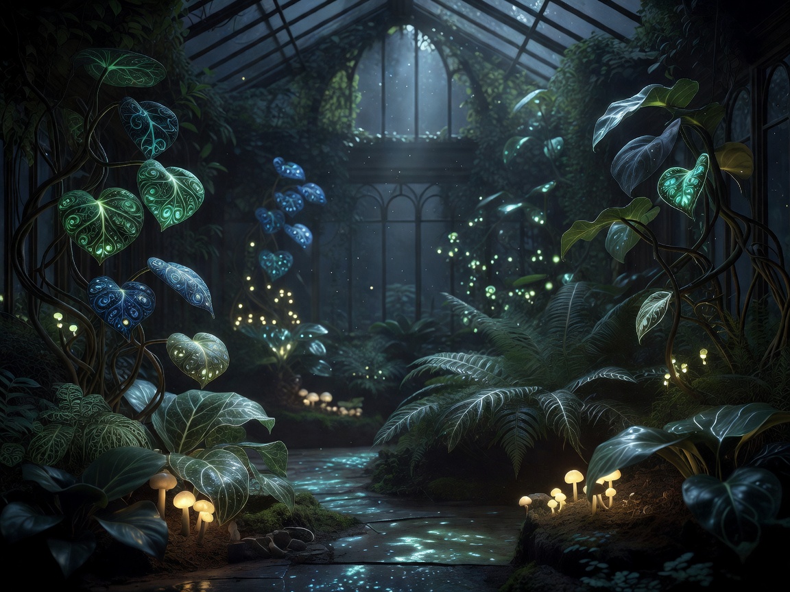 Bioluminescent plants glowing softly in an enchanted dark evening conservatory, rich organic patterns