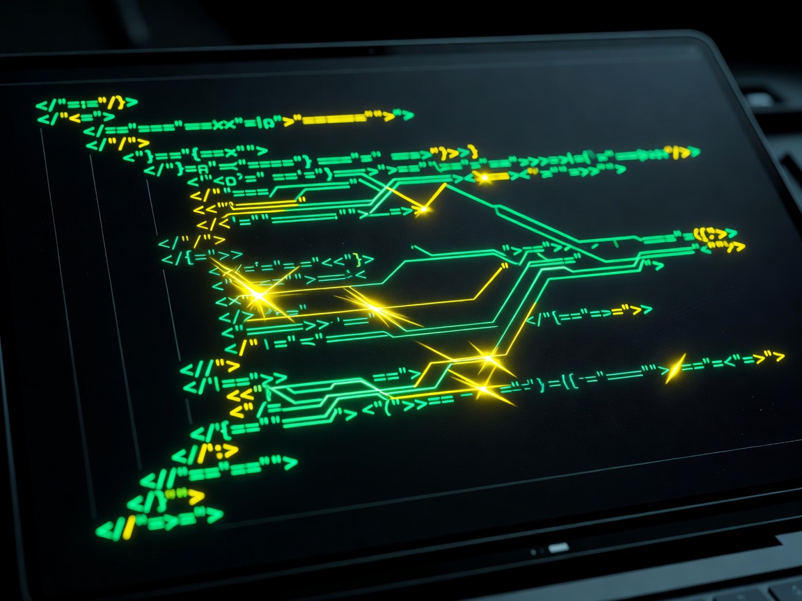 Clean HTML5 programming code glowing neon green and yellow on a dark high-tech screen
