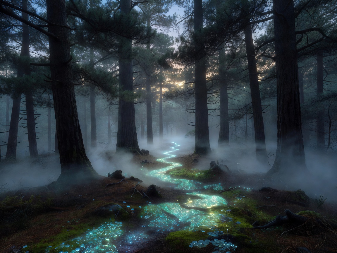 Mysterious forest glowing path with tall majestic pine trees and soft magical mist