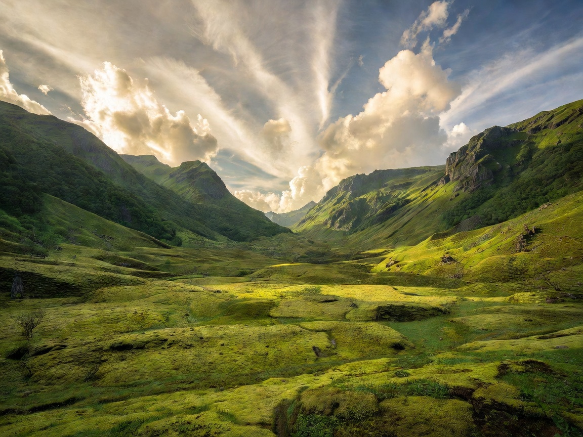 Vast green organic valley in mountains with fresh healthy moss under cinematic sky